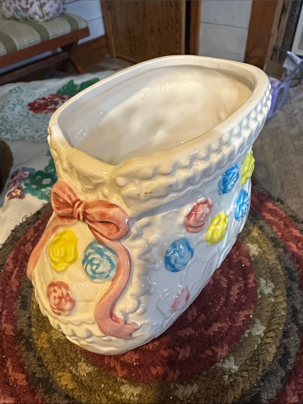 Vintage Ceramic White Decorative Baby Boot with Pastel Floral Accents 1990